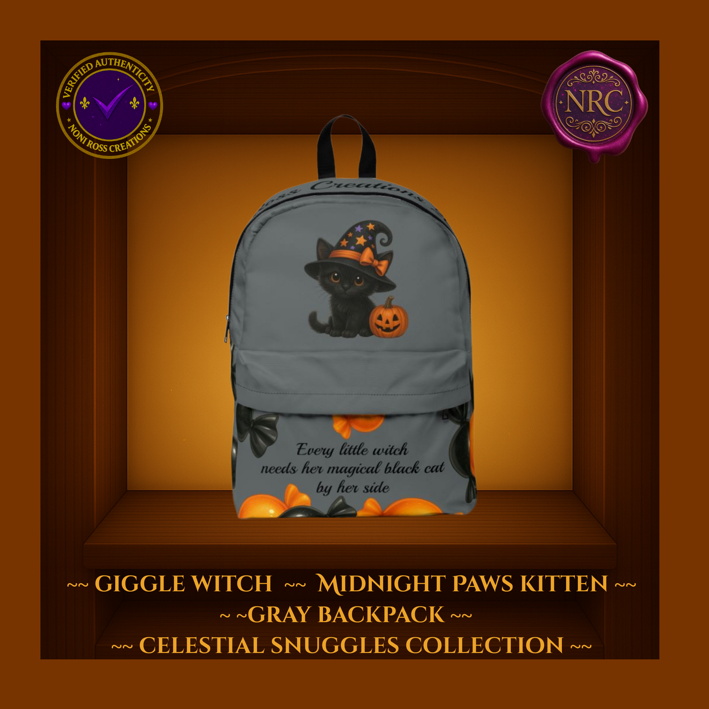 Giggle Witch Midnight Paws Kitten Gray Backpack – Celestial Snuggles Collection by Noni Ross Creations