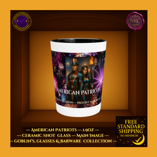 Ceramic shot glass with 'American Patriots' design on a brown background