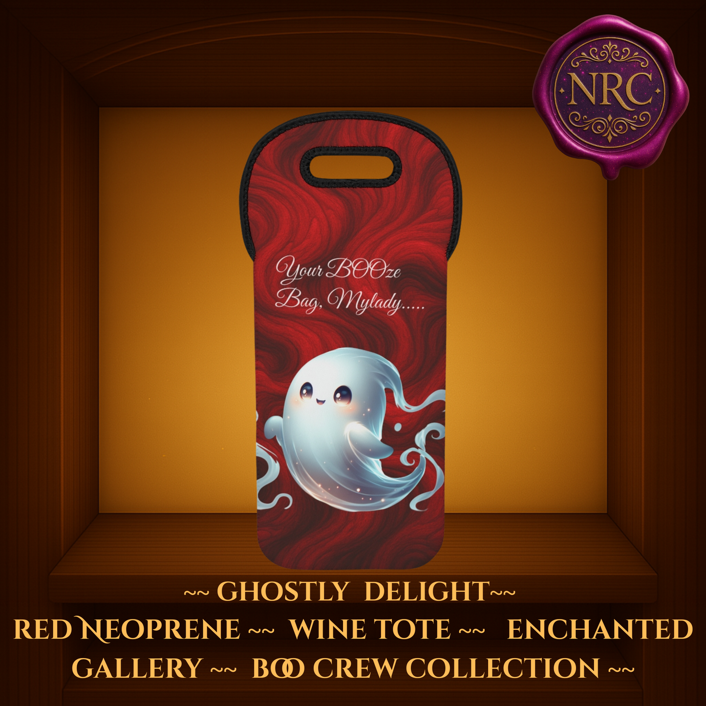 Red neoprene wine tote bag featuring a cute, glowing ghost on a swirling red background with the phrase ‘Your BOOze Bag, Mylady’ in elegant white script, from the Boo Crew Collection by Noni Ross Creations.