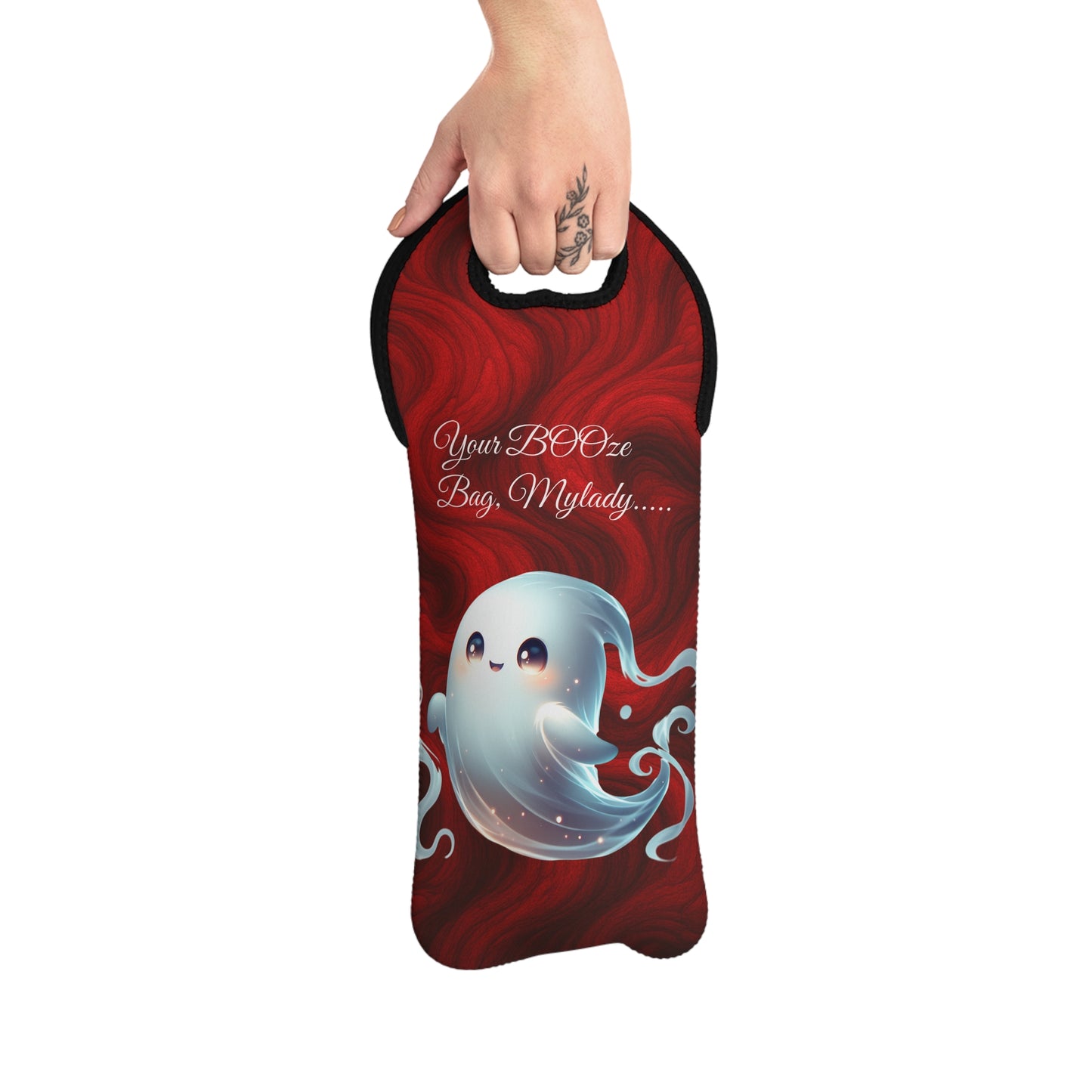 Your BOOze Bag, Mylady Wine Tote displayed with wine bottle and Halloween-themed decor, perfect for festive entertaining