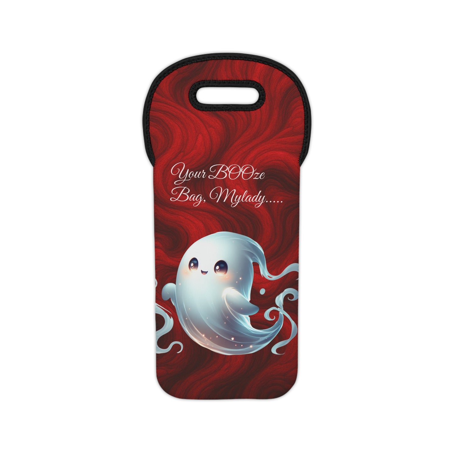 Elegant smiling ghost lady on royal purple swirling background with Your BOOze Bag text, featured on wine tote by Noni Ross Creations