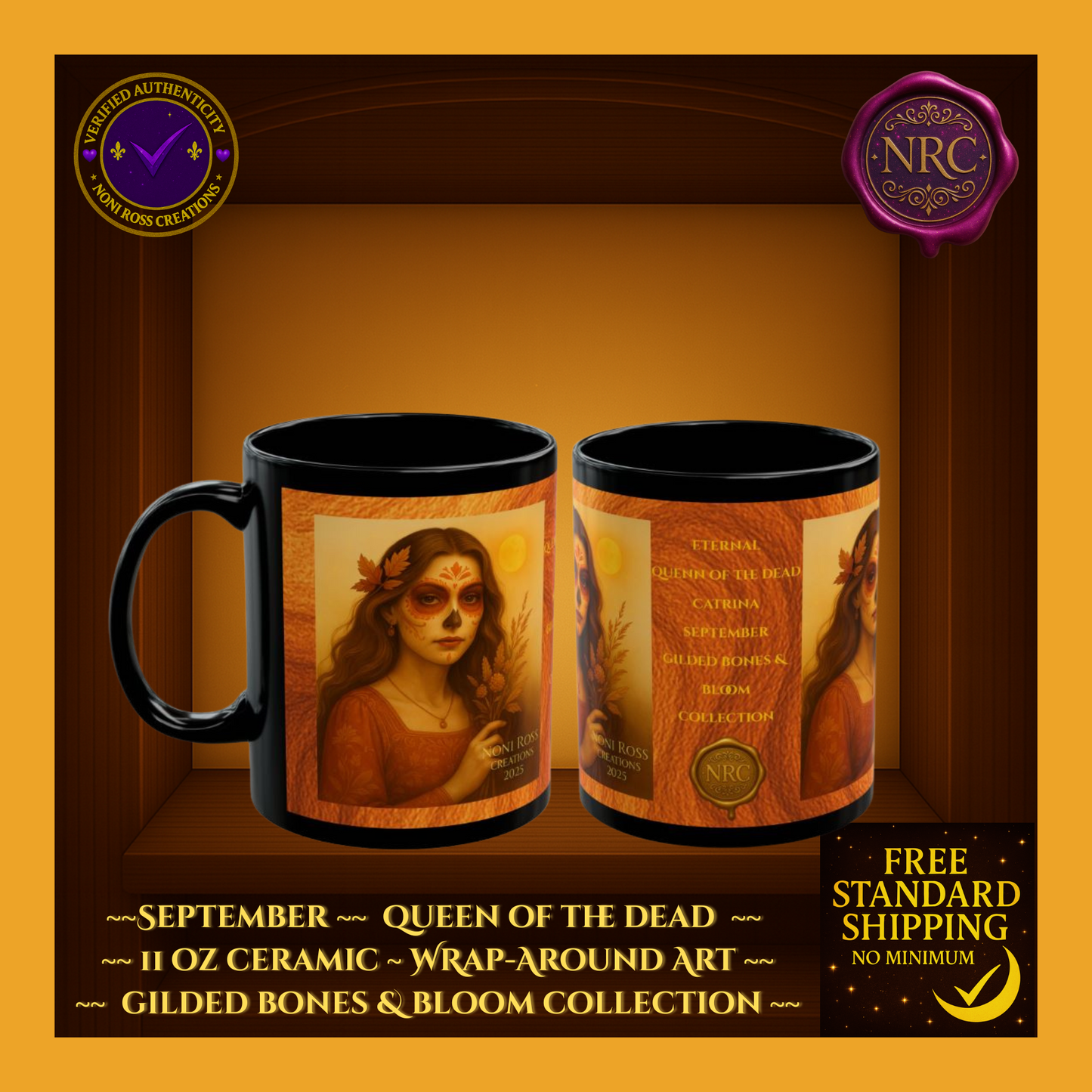 September Day of the Dead Catrina mug in 11oz ceramic featuring a sugar skull queen with sapphire and emerald floral crown and gold filigree details. Displayed in a lavender product box with Noni Ross Creations branding, perfect for fall birthdays, autumn holidays, and Day of the Dead collectors.