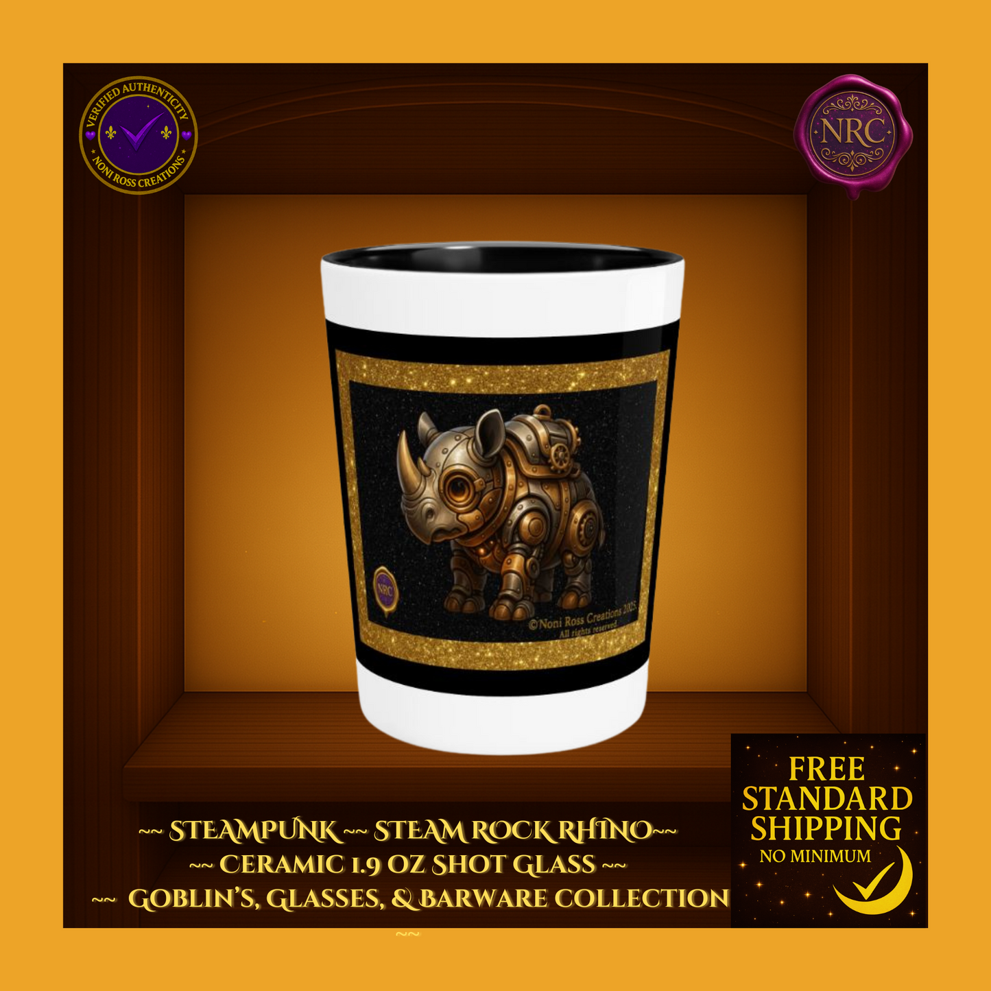 Steampunk Steam Rock Rhino Ceramic Shot Glass by Noni Ross Creations