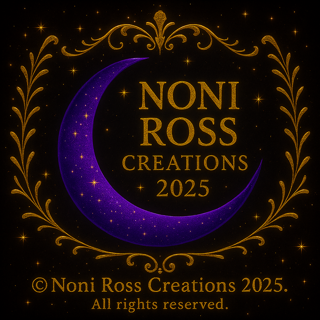 Noni Ross Creations brand logo with copyright ribbon overlay on Aquarius male skull candle product image.