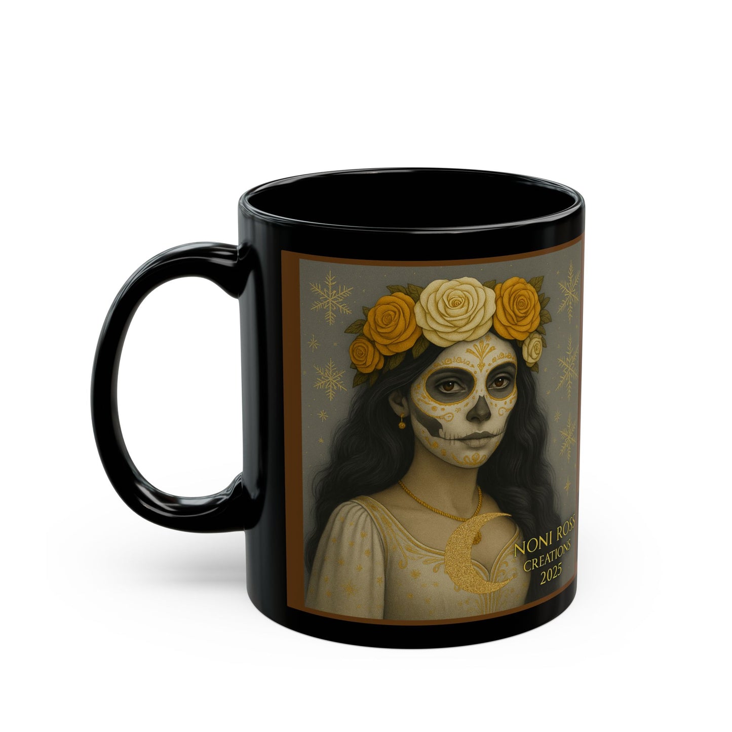 “Front view of black-handled December mug showing Catrina with golden sugar skull makeup and winter scenery”