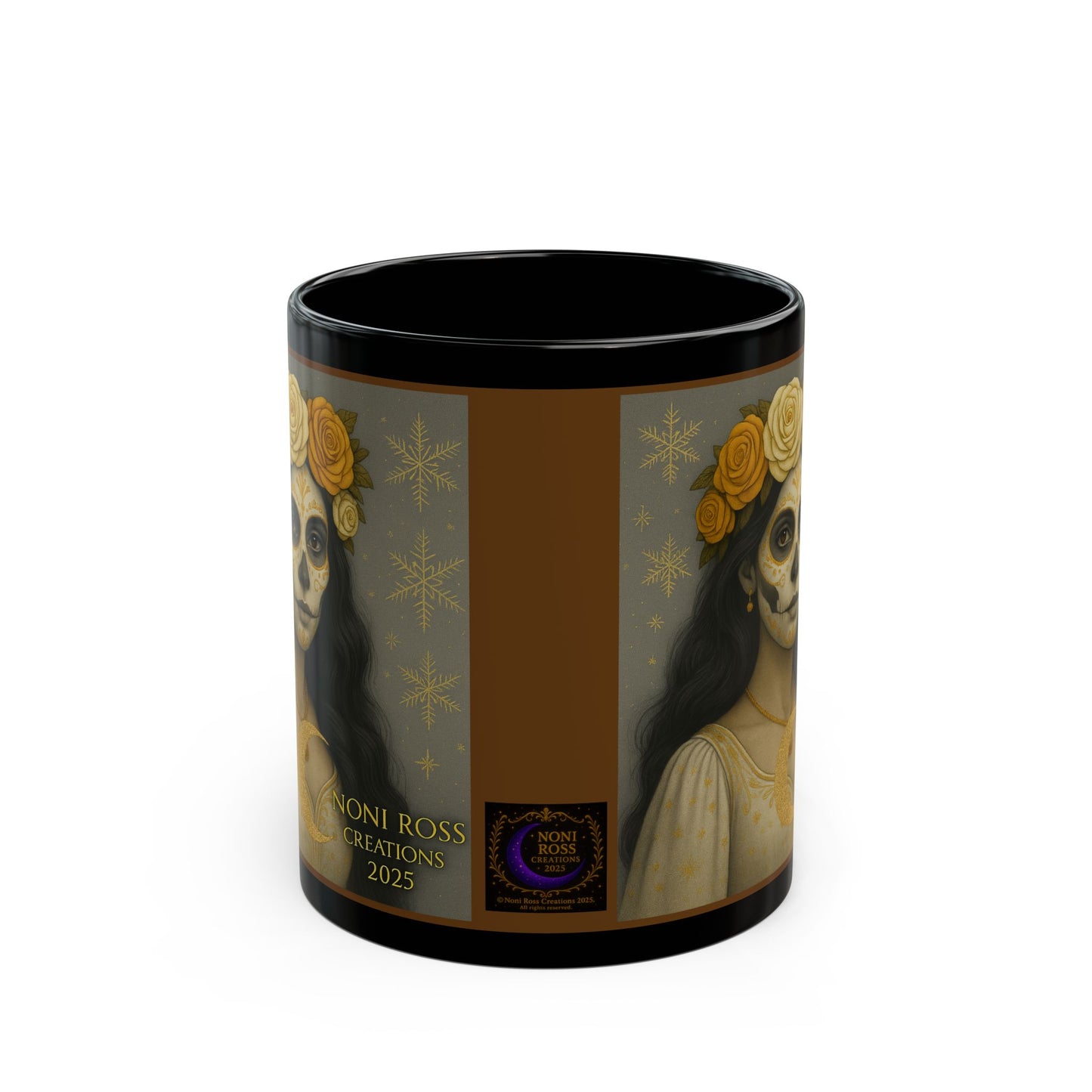 “Spinning view of Snowfall Catrina mug with detailed gold face art, snowy background, and festive winter design”