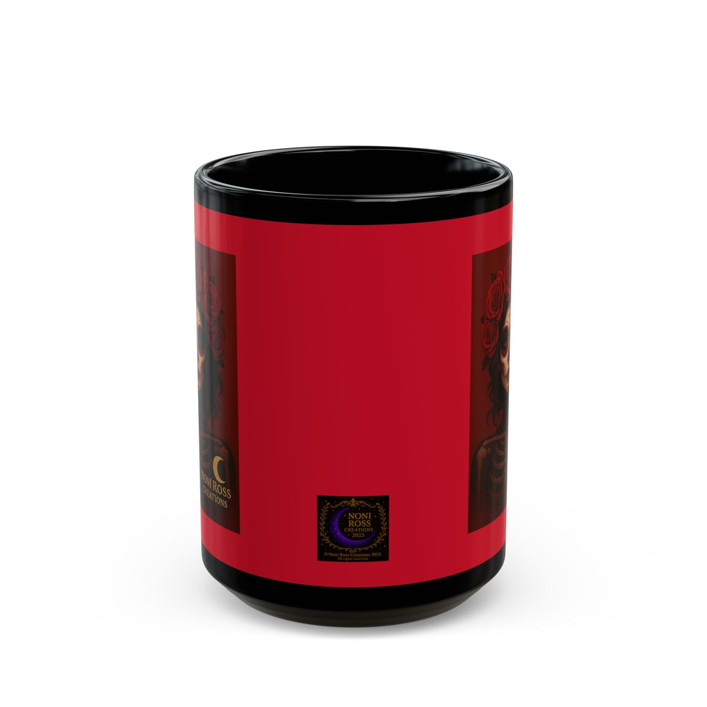 “Mystic Skulls – February Red Catrina Mug side view showcasing NRC brand logo on spine, with glittering red Catrina artwork wrapping around | Noni Ross Creations”