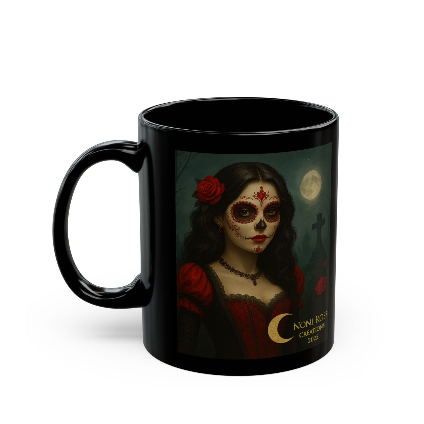 “Front view of black-handled October skull mug with elegant Catrina”