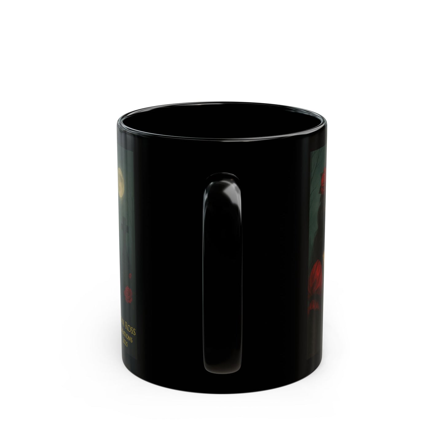 “Side view of ceramic mug with regal Catrina figure in black suit, holding gold watch, set in eerie October graveyard scene”