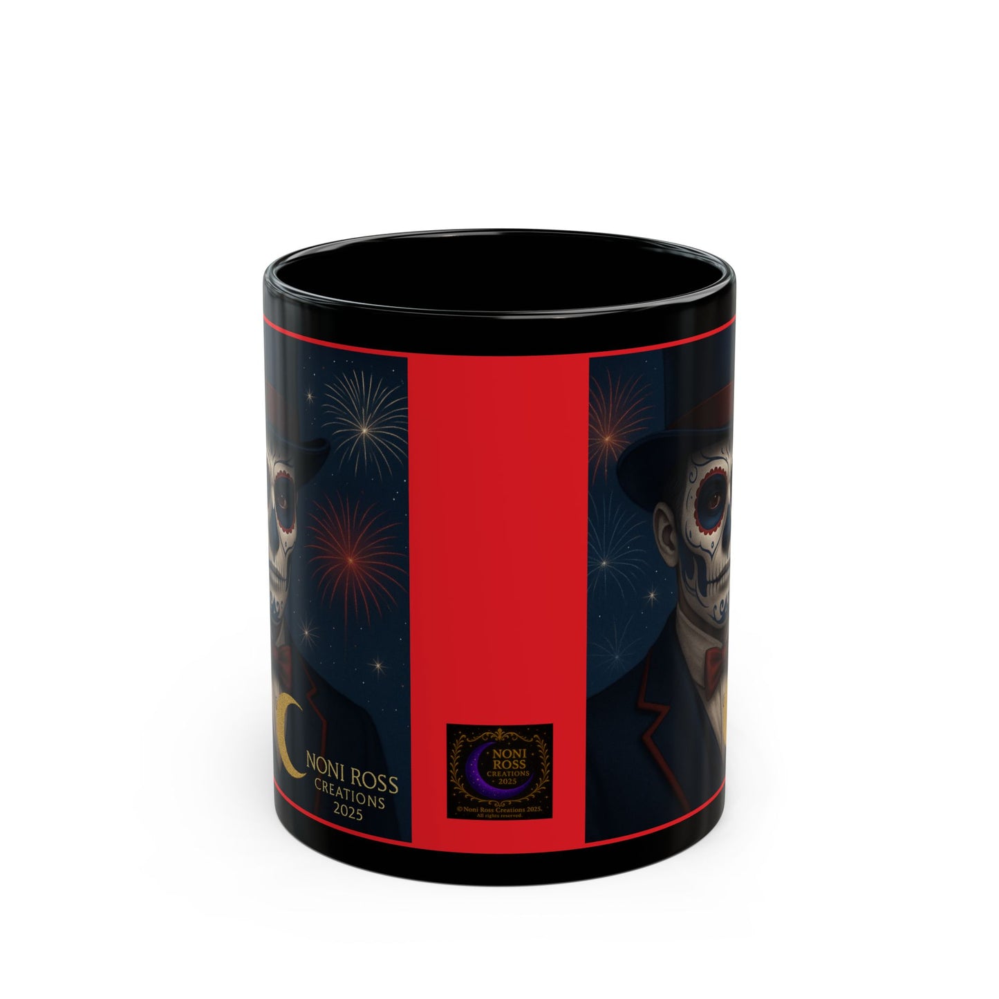 “Mystic Skulls – February Red Catrin Mug side view showcasing NRC brand logo on spine, with glittering red Catrin artwork wrapping around | Noni Ross Creations”