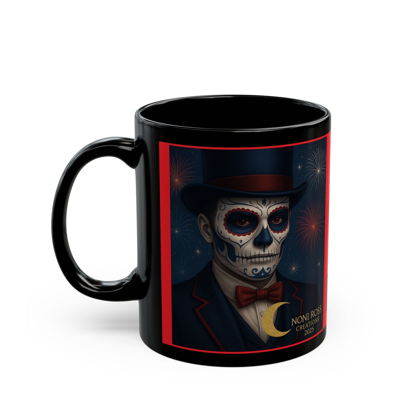 “Mystic Skulls – February Red Catrin Mug front view with handle on left, highlighting detailed ruby-red gemstone Catrin design | Noni Ross Creations”