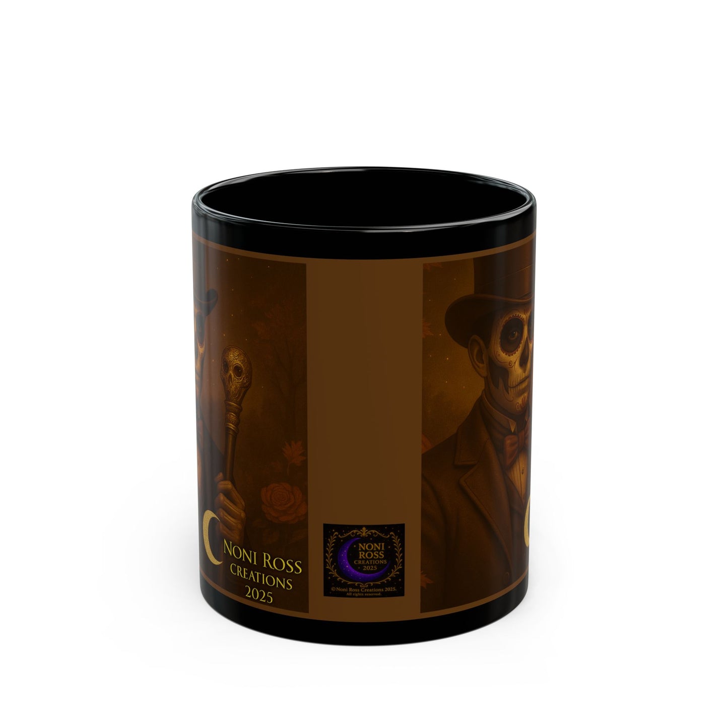 “Rotating view of Pumpkin Catrin mug showing gold cane, autumn skull art, and moody orange nightscape”