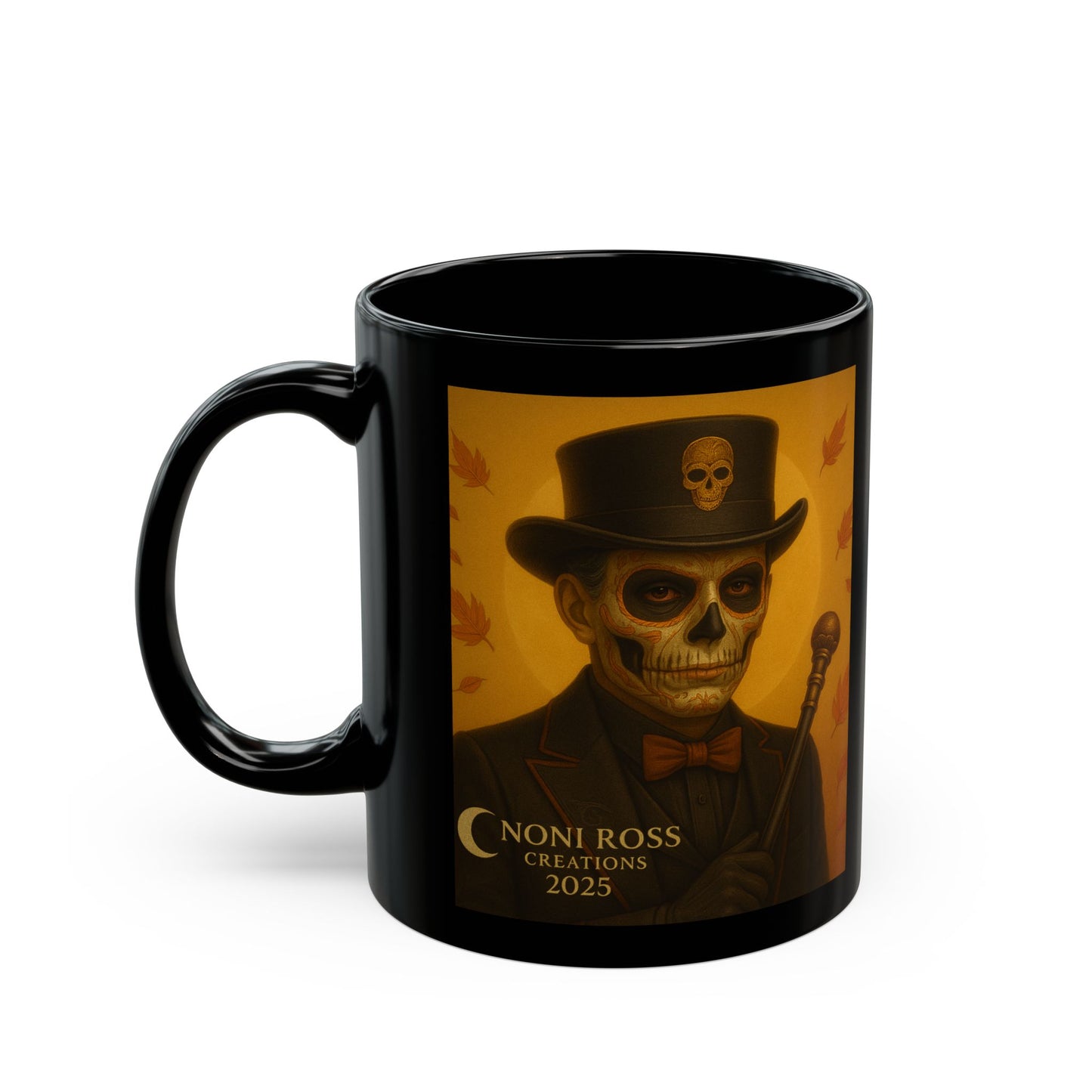 “Front view of black-handled September Catrina mug showing vivid sugar skull makeup and harvest details for fall decor”