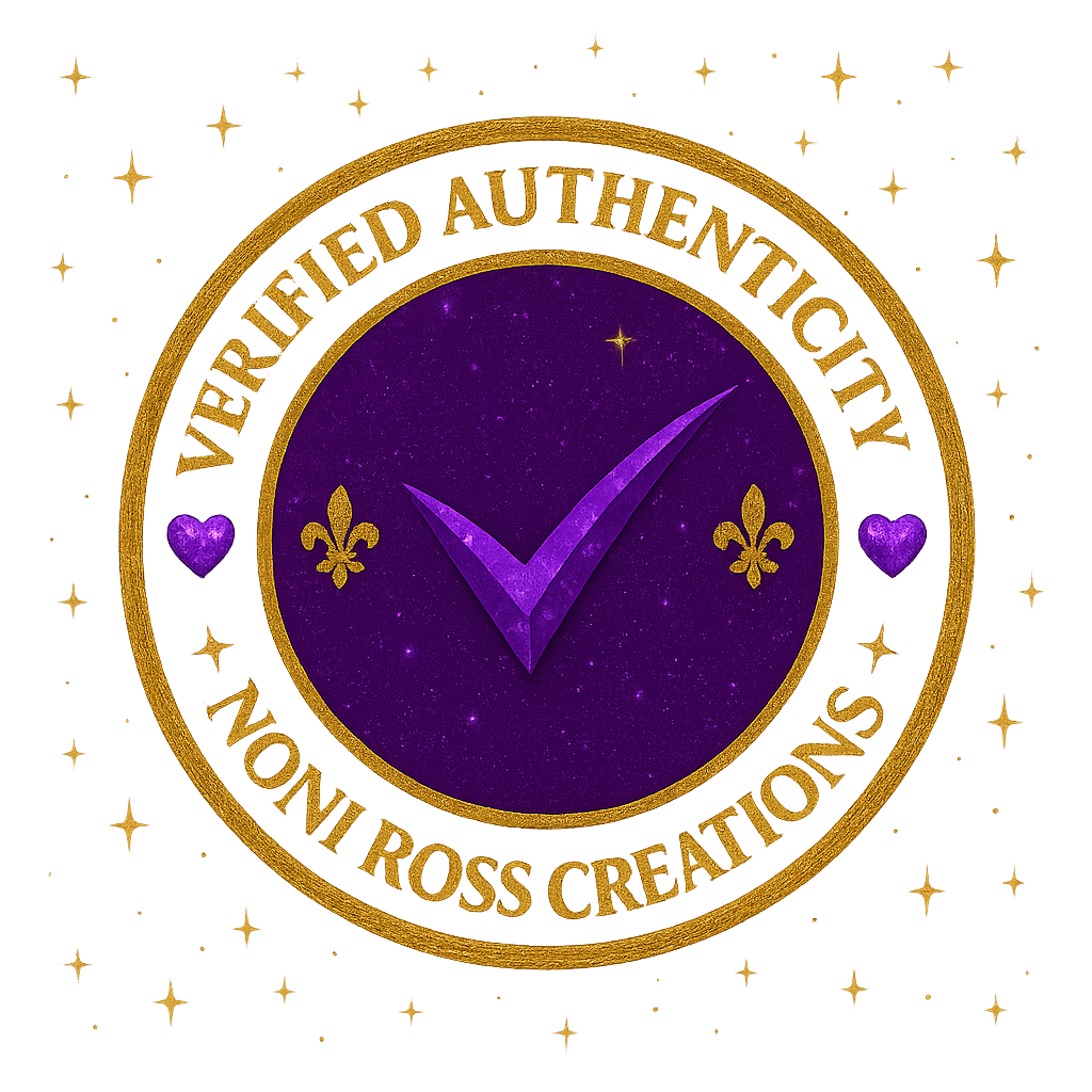 Verified authenticity badge with crescent moon and sparkling stars from Noni Ross Creations