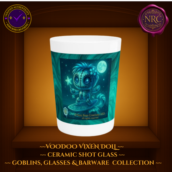 Voodoo Vixen Doll Teal Surfer Girl Ceramic Shot Glass by Noni Ross Creations
