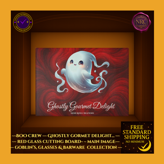 BOO Crew Ghostly Gourmet Delight Glass Cutting Board by Noni Ross Creations