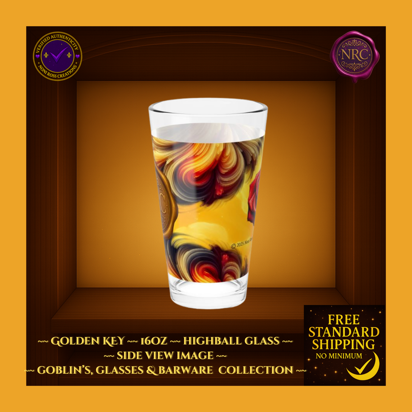 Golden Key - 16oz - Barware Highball Glass by Noni Ross Creations