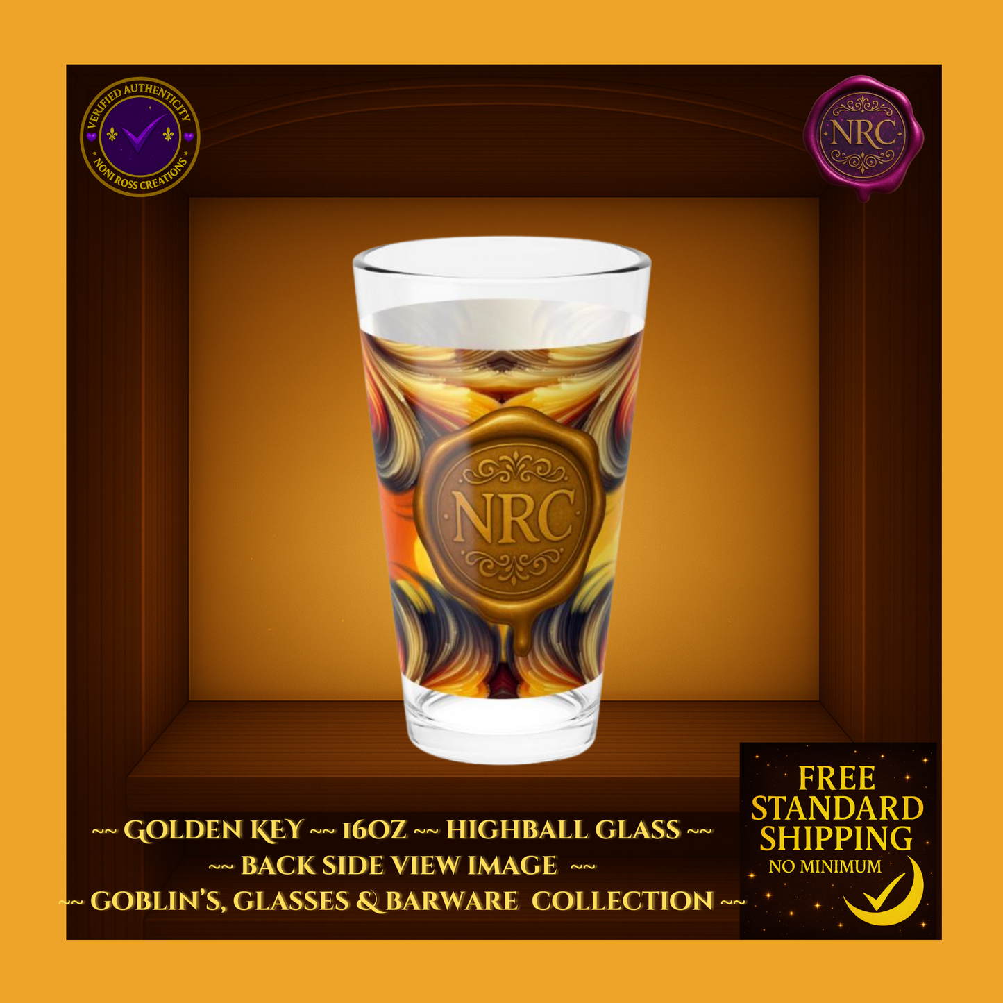 Golden Key - 16oz - Barware Highball Glass by Noni Ross Creations