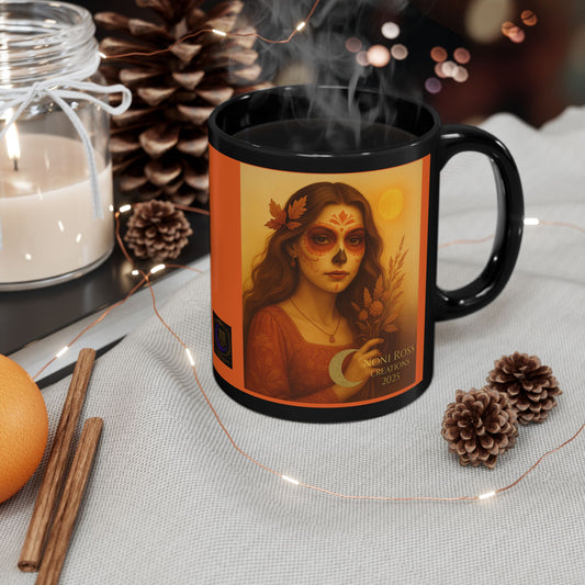 “September Harvest Catrina mug with autumn crown and skull face art, elegant seasonal design by Noni Ross Creations”