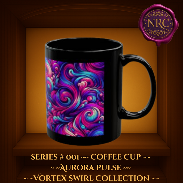 Black ceramic coffee mug with abstract pink, purple, and teal swirl design from the Aurora Pulse Series by Noni Ross Creations.
