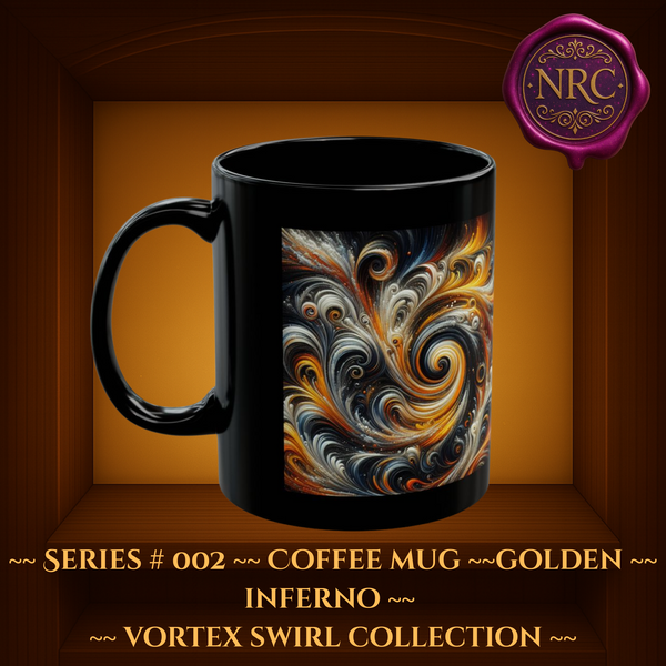 Series #002 Golden Inferno Vortex Swirl Coffee Mug featuring fiery swirling gold, orange, red, and silver design on glossy black ceramic by Noni Ross Creations