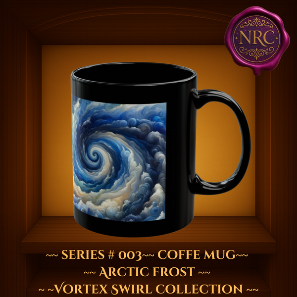 Series #003 Arctic Frost Coffee Mug featuring icy swirling blue, white, and silver vortex design on black ceramic by Noni Ross Creations