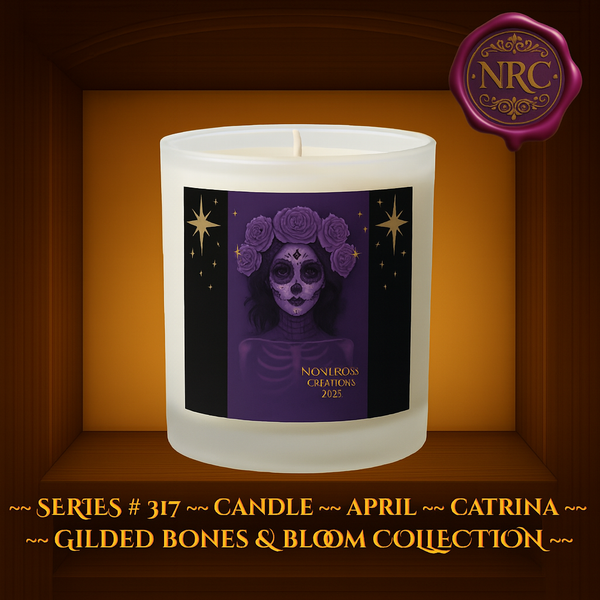 April Queen of the Dead Catrina Candle in frosted glass with soft lavender hues, wooden wick, and elegant floral sugar skull artwork – Series #317