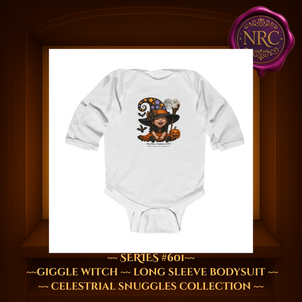 Adorable long sleeve white baby bodysuit featuring a joyful Giggle Witch design with a laughing baby girl in a starry witch hat, surrounded by a bat, ghost, and jack-o'-lantern, perfect for magical fall snuggles from the Celestial Snuggles Collection by Noni Ross Creations.