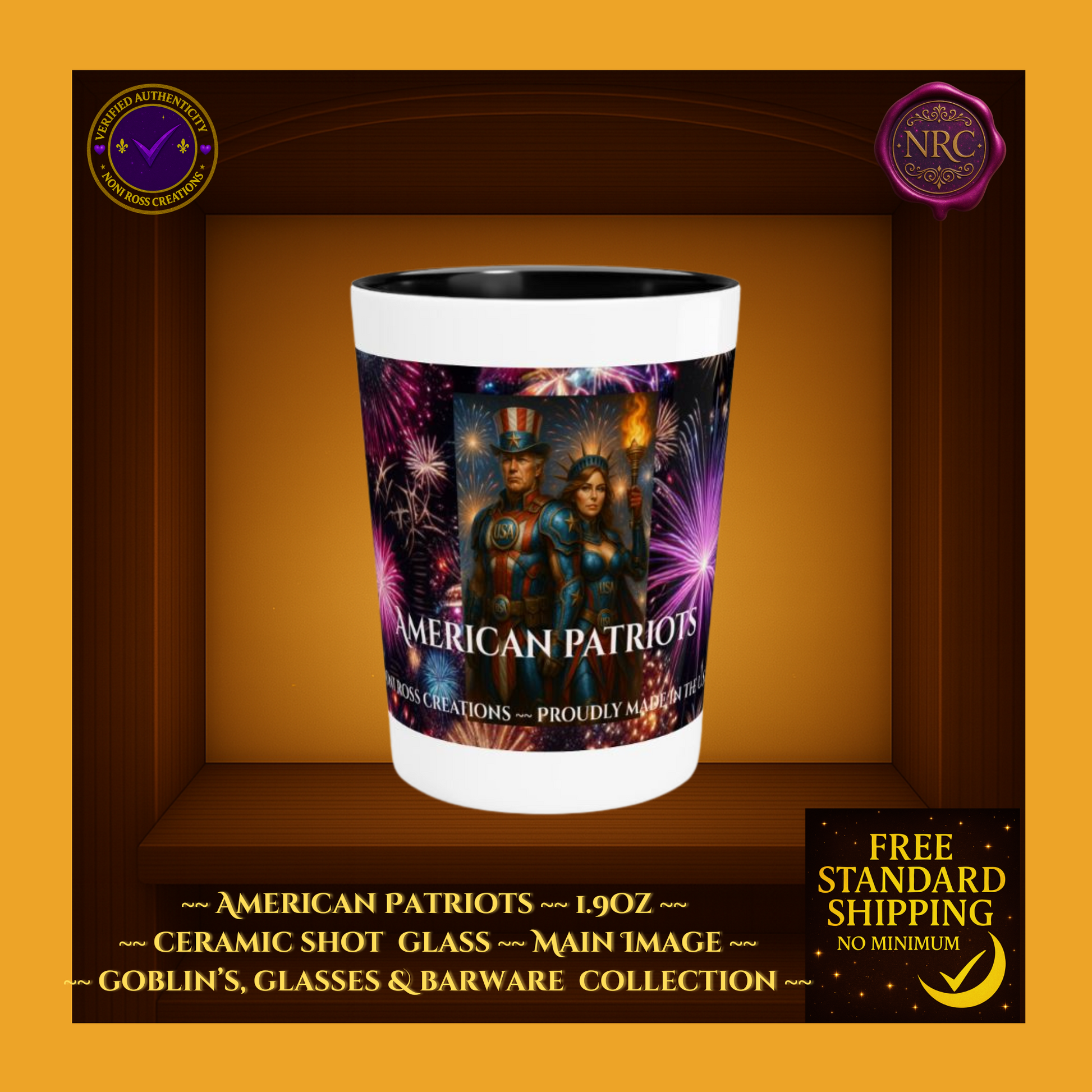 Ceramic shot glass with 'American Patriots' design on a brown background