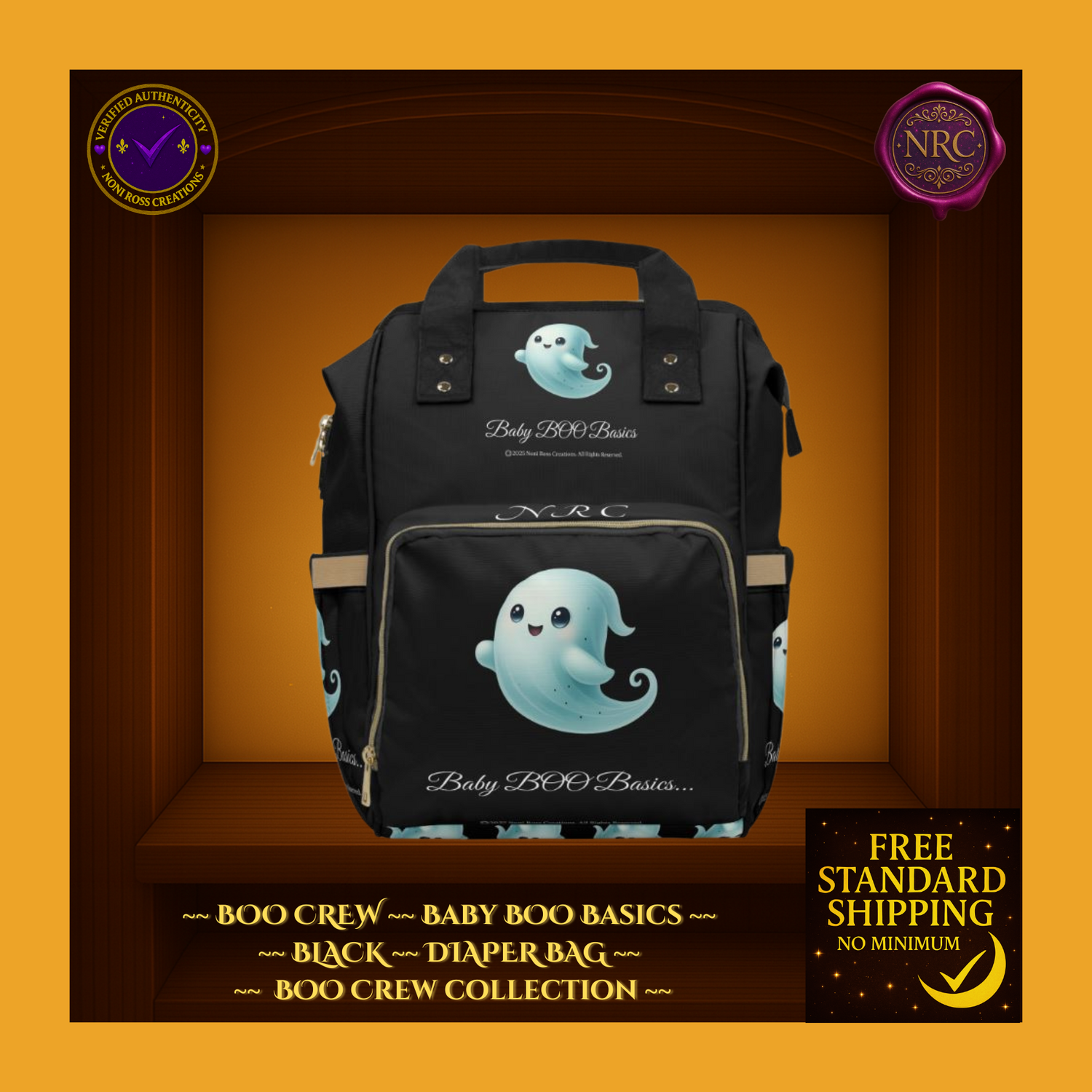 Black diaper bag with ghost design on an orange background