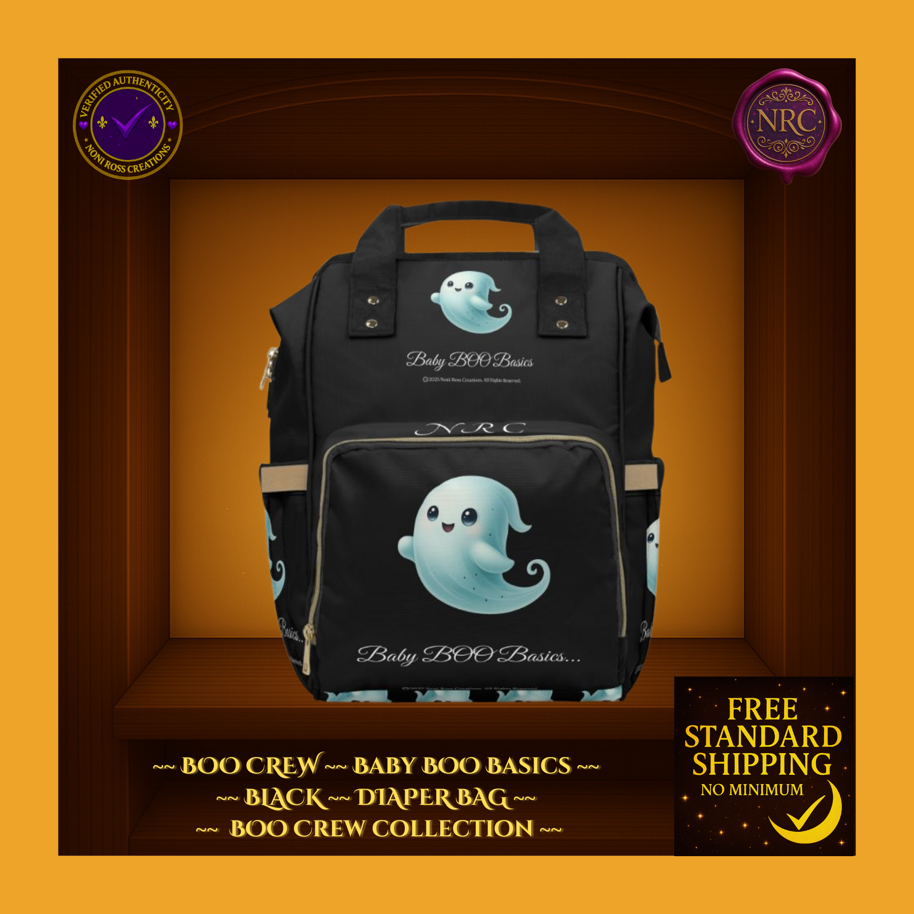 Black diaper bag with ghost design on an orange background