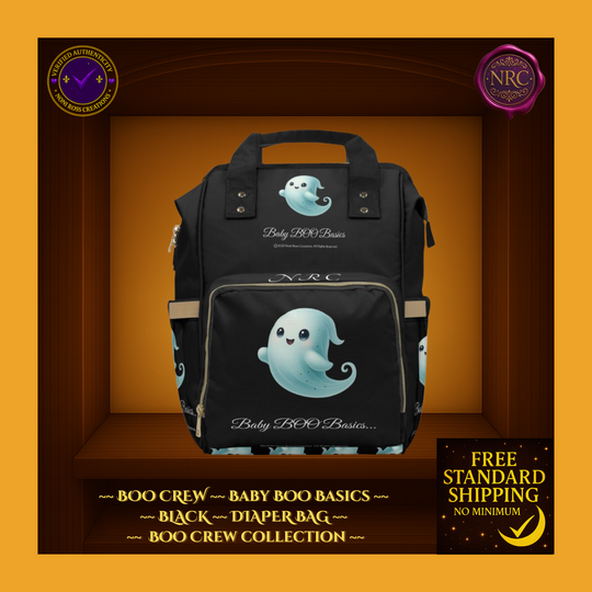 Black diaper bag with ghost design on an orange background