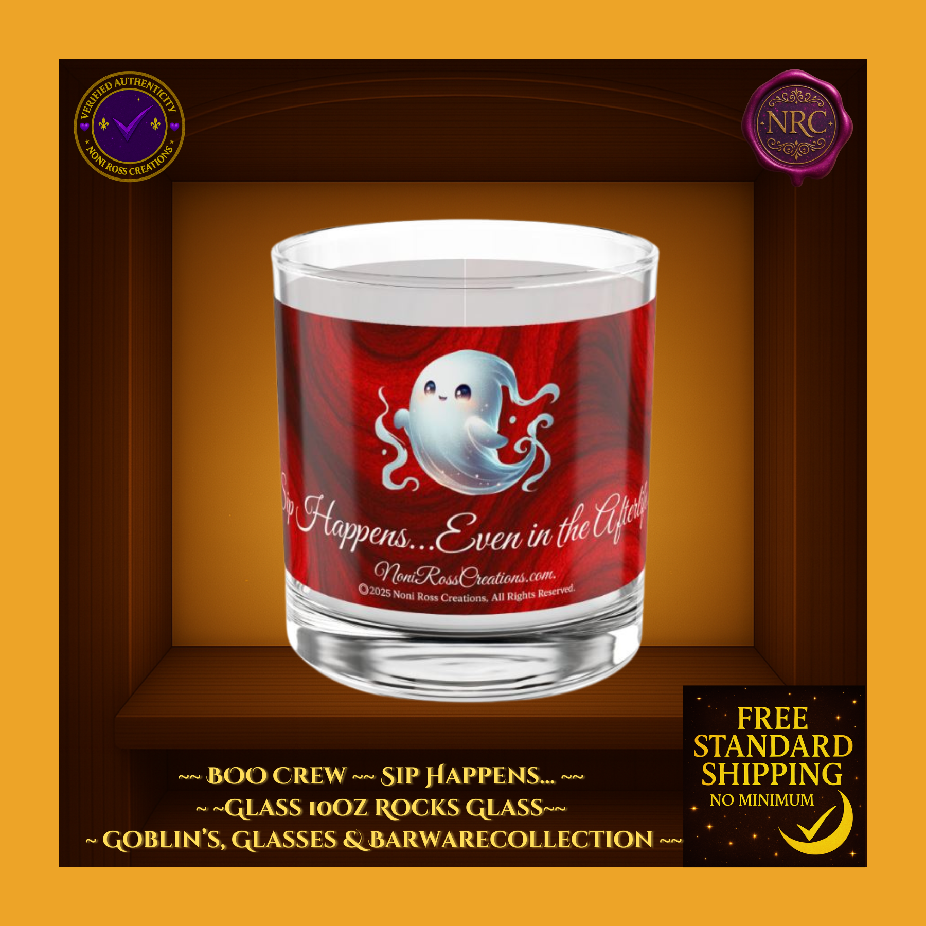 BOO Crew Phantom Sips 10oz Rocks Glass by Noni Ross Creations featuring playful ghost design on clear glass, perfect for spooky cocktails or Halloween parties.