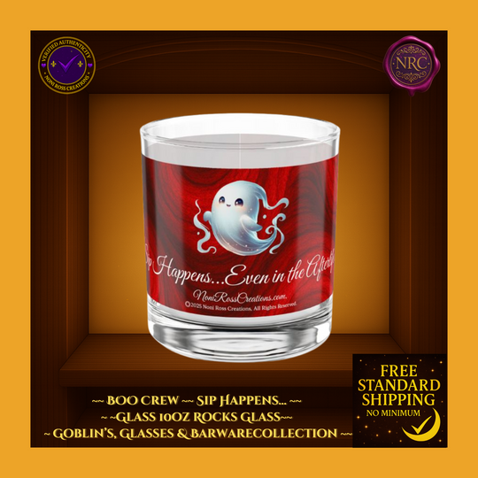 BOO Crew Phantom Sips 10oz Rocks Glass by Noni Ross Creations featuring playful ghost design on clear glass, perfect for spooky cocktails or Halloween parties.