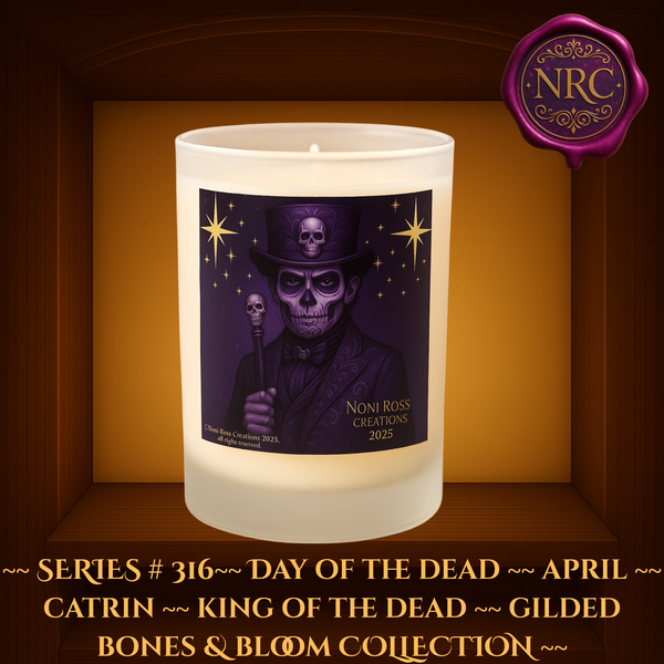 Series #316 April Day of the Dead Catrin Candle featuring skeletal face, skull-topped hat and cane, royal purple attire, and golden stars by Noni Ross Creations