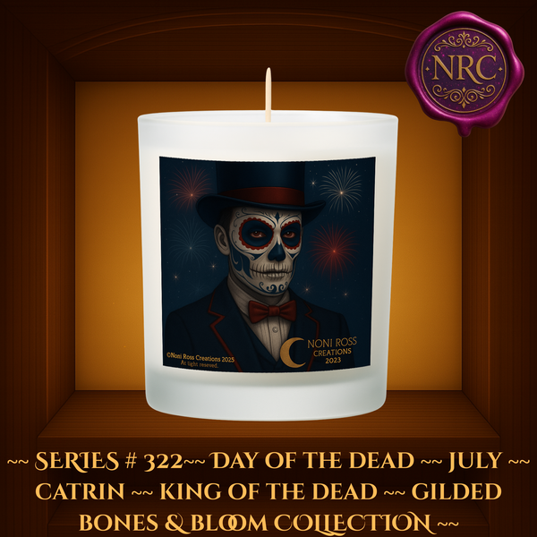 Series #319 July Day of the Dead Catrin Candle featuring skeletal face with red, white, and blue sugar skull design, navy suit, and fireworks in the midnight sky by Noni Ross Creations