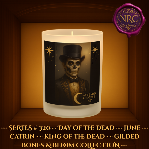 Series #320 June Day of the Dead Catrin Candle featuring skeletal face, black and gold embroidered jacket, skull-topped cane, and dramatic celestial backdrop by Noni Ross Creations
