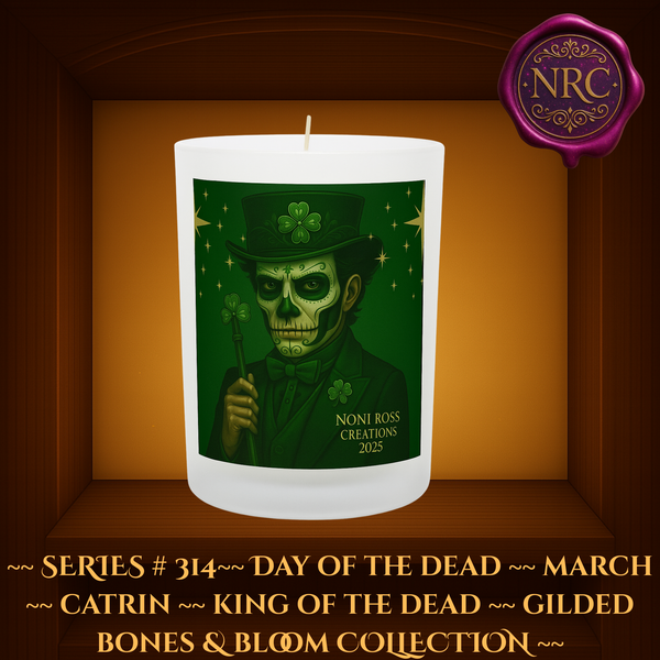 Series #314 March Day of the Dead Catrin Candle featuring skeletal face paint, green shamrock accents, emerald suit, and golden stars by Noni Ross Creations