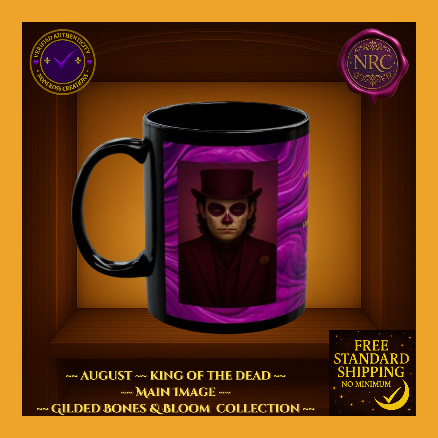 Black mug with a purple design featuring a character in a top hat and sunglasses on an orange background.