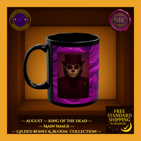 Black mug with a purple design featuring a character in a top hat and sunglasses on an orange background.