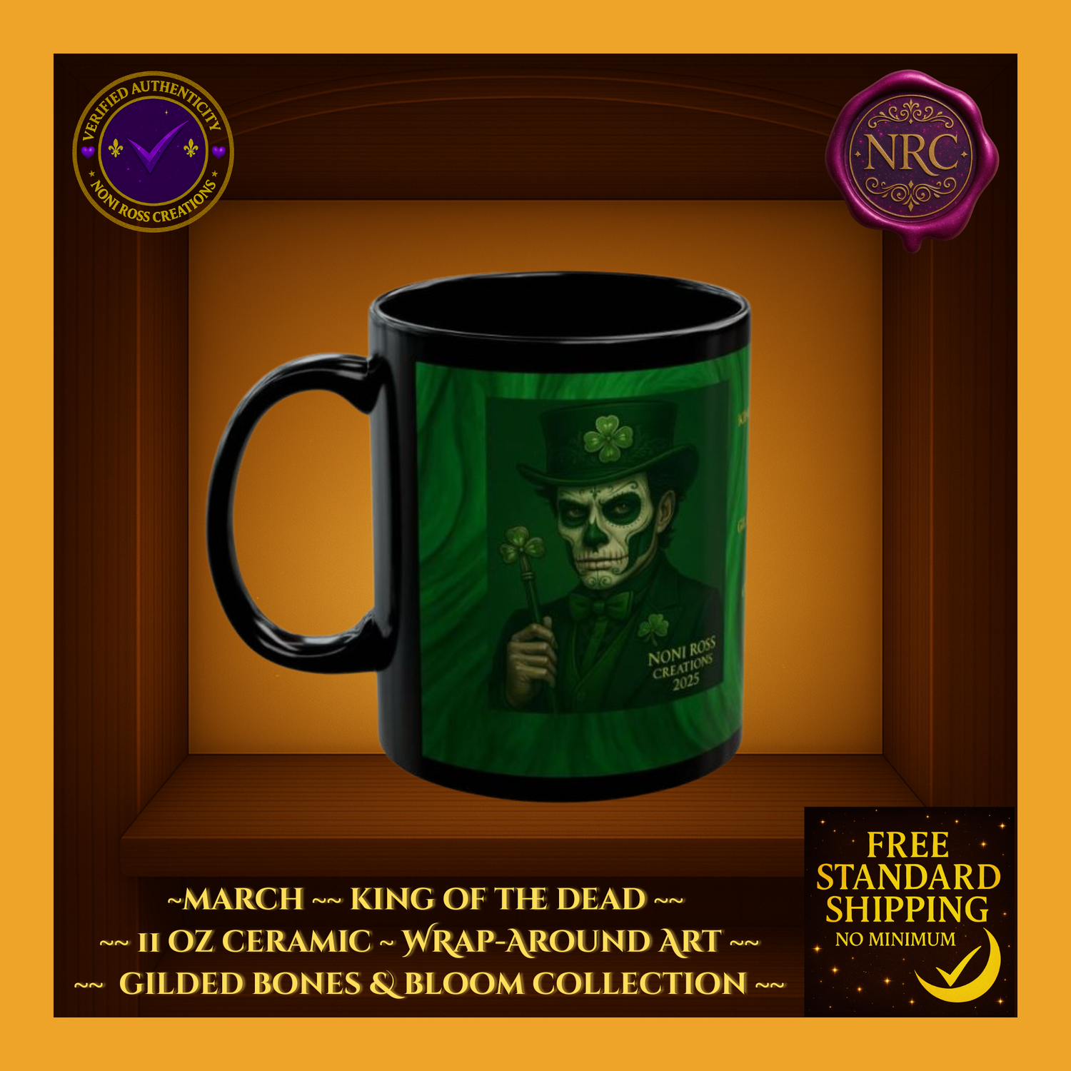 Black mug with green wrap-around design featuring a skeleton holding a shamrock, displayed in a decorative box.