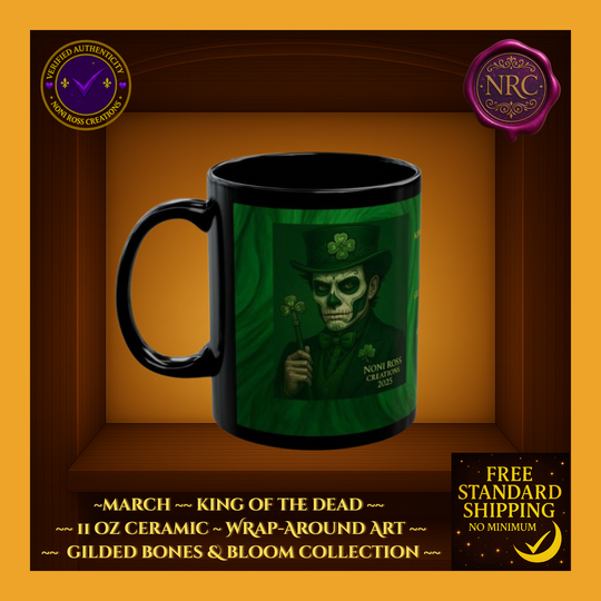 Black mug with green wrap-around design featuring a skeleton holding a shamrock, displayed in a decorative box.