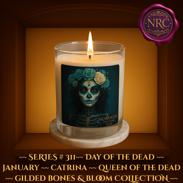 Series #311 January Day of the Dead Catrina Candle featuring teal and ivory rose crown, skeletal face paint, and Noni Ross Creations branding