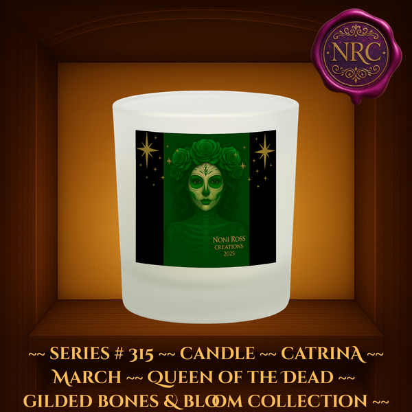 Series #315 March Day of the Dead Catrina Candle featuring skeletal face with shamrock sugar skull designs, emerald green gown, and golden stars by Noni Ross Creations