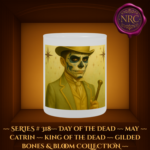 Series #318 May Day of the Dead Catrin Candle featuring skeletal face with teal details, golden suit, and radiant gold background with stars by Noni Ross Creations