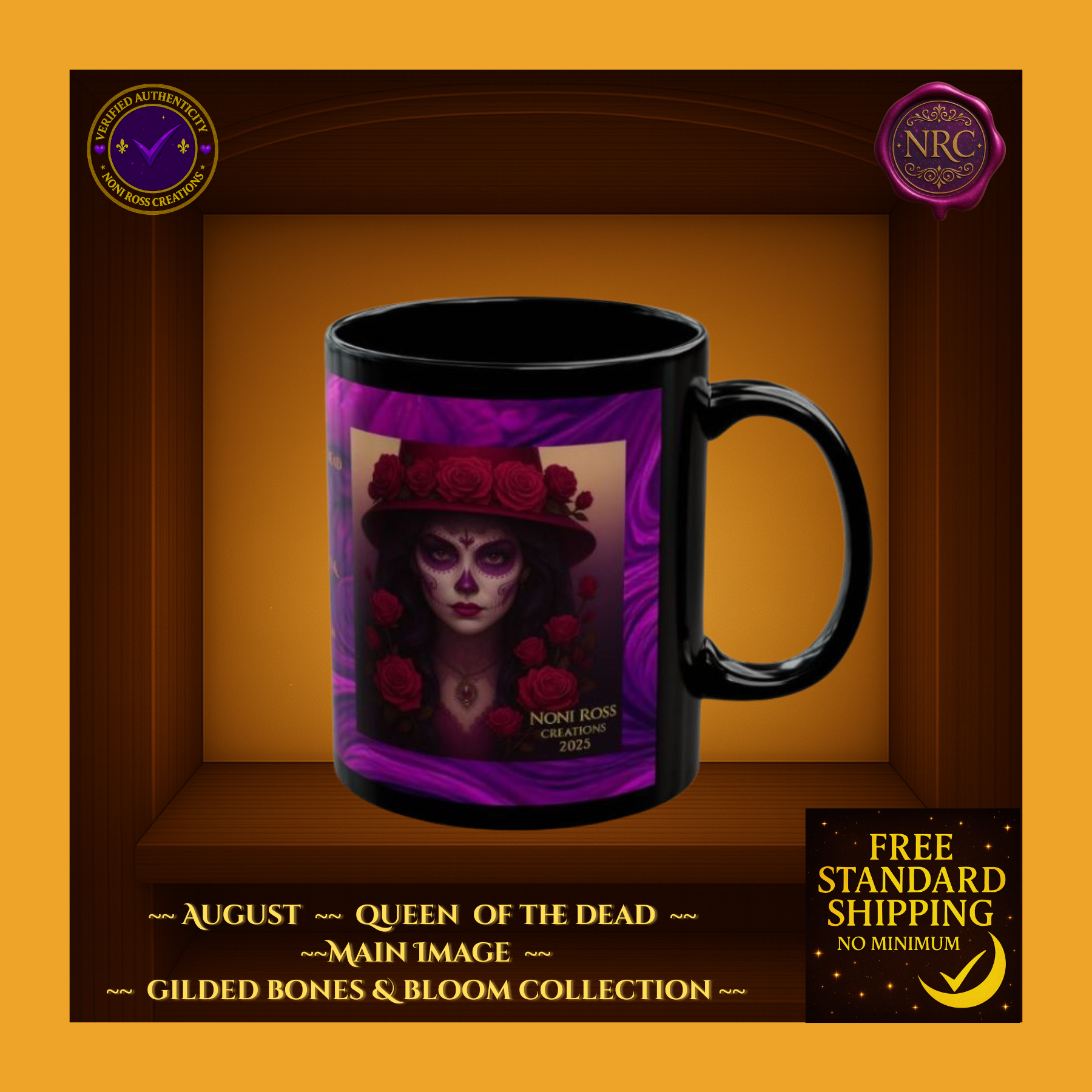 Black mug with a colorful design of a woman in a hat and flowers, framed by a decorative border with text and logos.