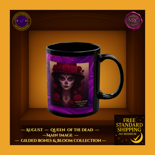 Black mug with a colorful design of a woman in a hat and flowers, framed by a decorative border with text and logos.