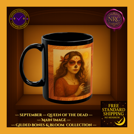 Black mug with a decorative design of a woman's face on an orange background, framed by NRC branding.