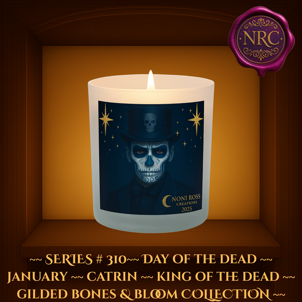 Series #310 January Day of the Dead Catrin Candle featuring skeletal face paint, skull top hat, midnight blue background, and Noni Ross Creations branding