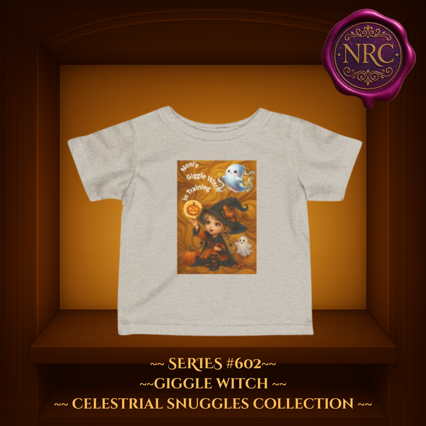 Giggle Witch in Training Toddler T-Shirt Series 502 with smiling baby witch, jack-o’-lantern, and ghosts – Celestial Snuggles Collection